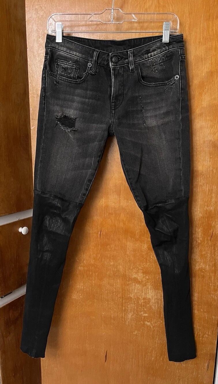 R13 Black Denim Knee Chaps Shredded Leather Skinny Jeans Sz 27 Western Rock FLAW
